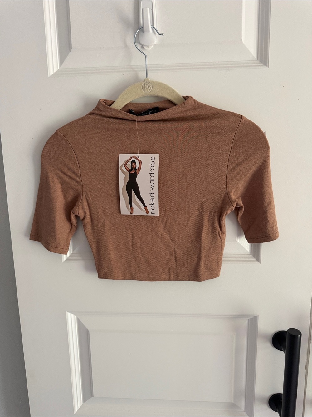naked wardrobe Cropped Mock Neck Top — Tan Brown